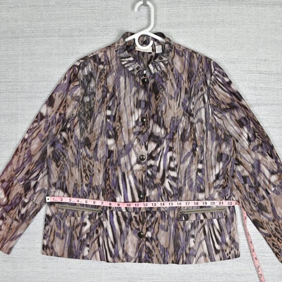 Chicos Sz3 80s Animal Print Zebra Boho Snap Zip Pocket Purple Windbreaker Jacket - Picture 15 of 16